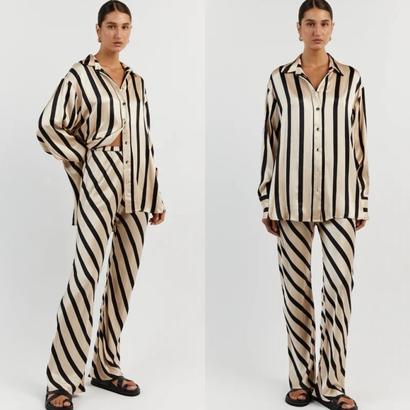 Dissh pippa stone long sleeve satin shirt and pants NWT